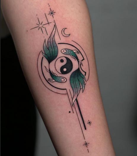 2 fishes yin yang tattoo design abstract fine line female forearm
