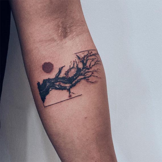 cherry blossom branch tattoo abstract blackwork male forearm