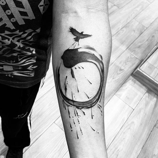 enso zen circle bird tattoo blackwork abstract male hand forearm