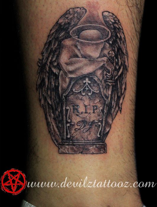 angel headstone black and gray tattoo