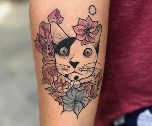 cat with colorful flowers tattoo design