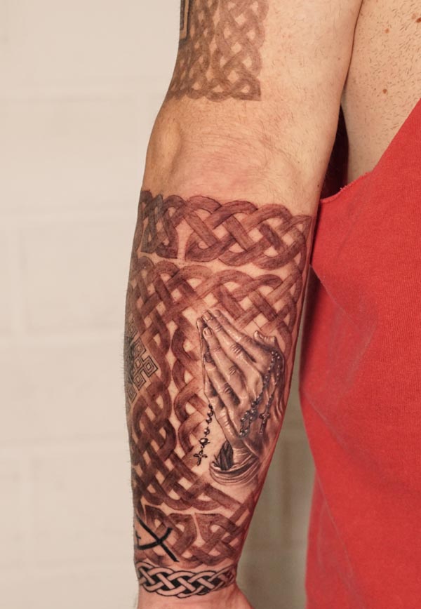celtic knots cross praying hands christian symbols sacred geometry armband tattoo male half sleeve 1