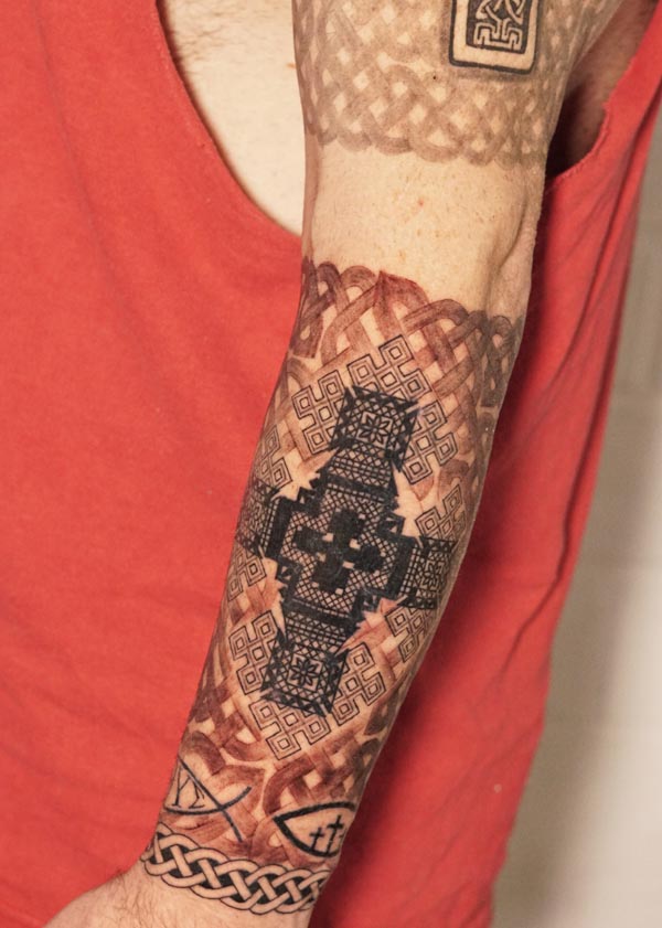 celtic knots cross praying hands christian symbols sacred geometry armband tattoo male half sleeve 2