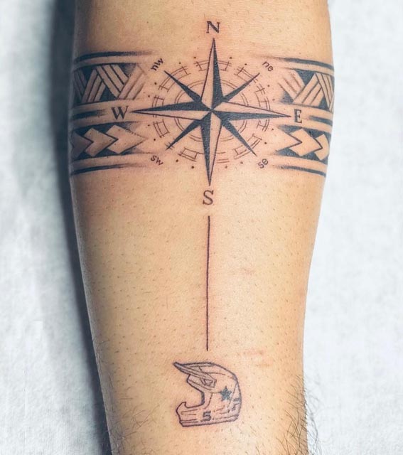 compass rose cardinal directions helmet tribal armband tattoo male forearm