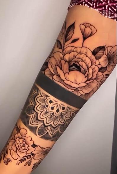floral peony rose mandala armband tattoo female half sleeve