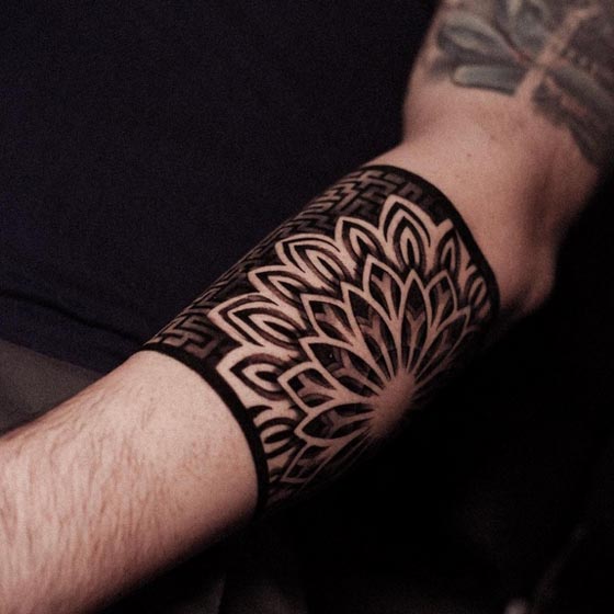 mandala flower lotus inspired petals geometric patterns armband tattoo design male forearm