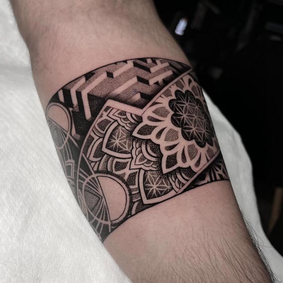 mandala sacred geometry flower of life pattern armband tattoo male forearm 1