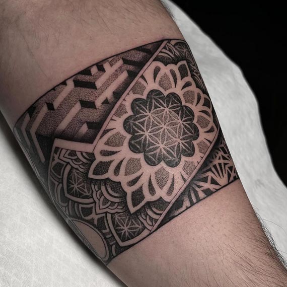 mandala sacred geometry flower of life pattern armband tattoo male forearm 2