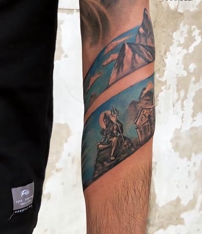 meditating lord shiva kailash mountain kedarnath temple mountain landscape armband tattoo male forearm