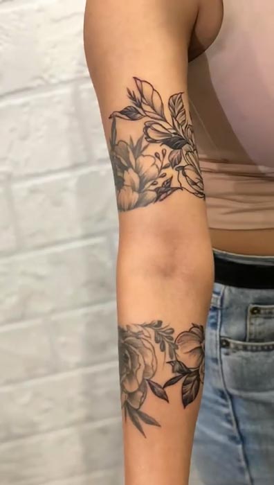 peony flowers floral blooming petals leaves branches armband tattoo upper arm bicep 1