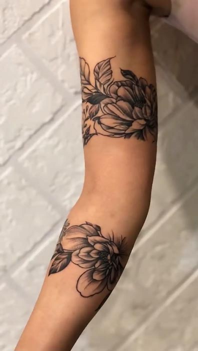 peony flowers floral blooming petals leaves branches armband tattoo upper arm bicep 2