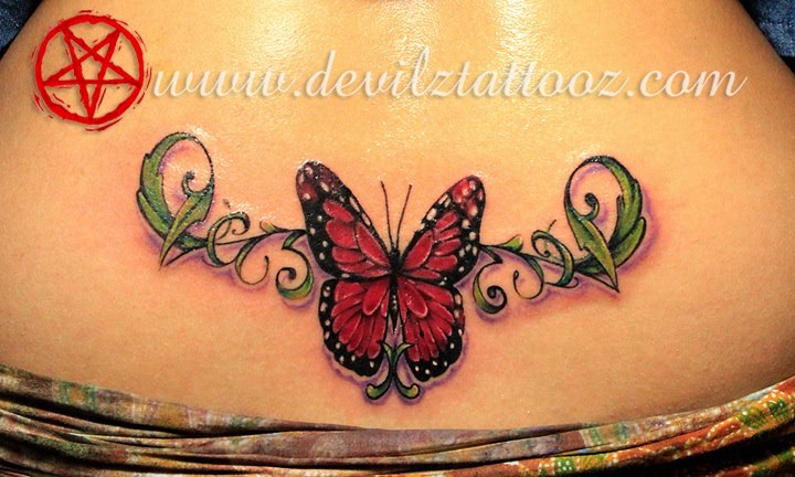 butterfly vines color custom lowerback tattoo women
