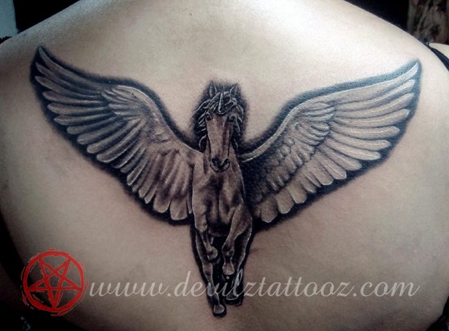 pegasus unicorn black and grey back tattoo