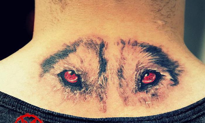 wolf eyes color back tattoo
