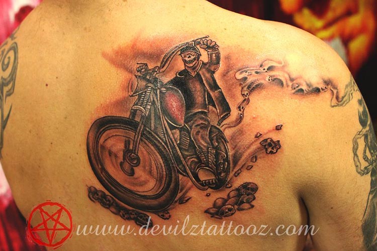 ghost rider motor cycle black and grey tattoo