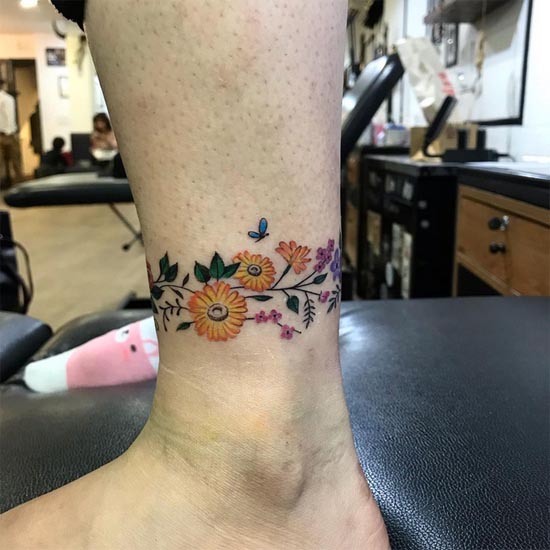 floral leg band tattoo design female color above ankle