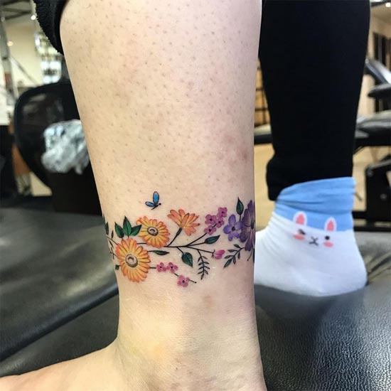 floral leg band tattoo design female color above ankle