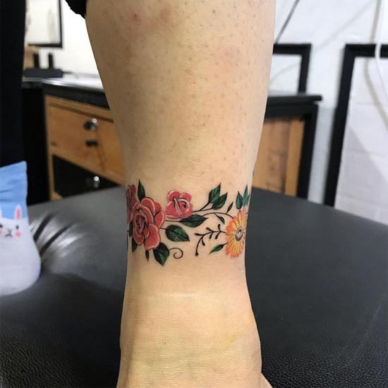 floral leg band tattoo design female color above ankle