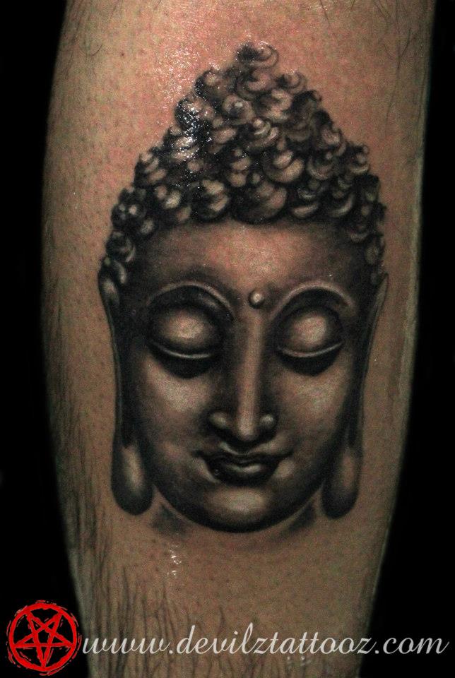 Buddha portrait black and grey peace meditation tattoo