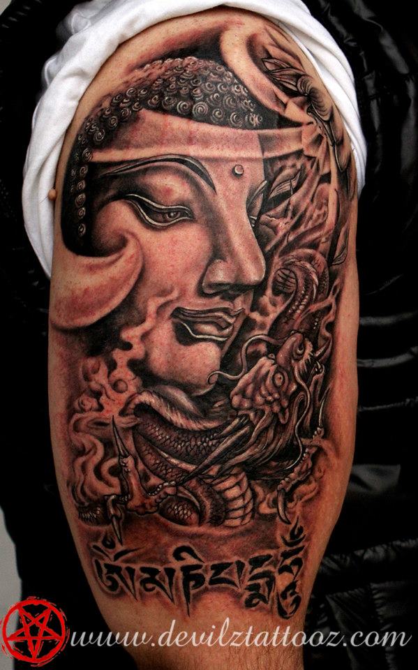 buddha dragon traditional black and grey tattoo bicep