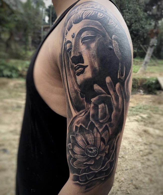 buddha head abhaya mudra lotus flower tattoo male shoulder bicep