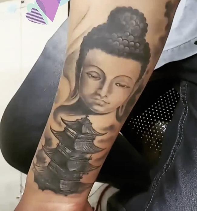 buddha head japanese temple tattoo design male forearm