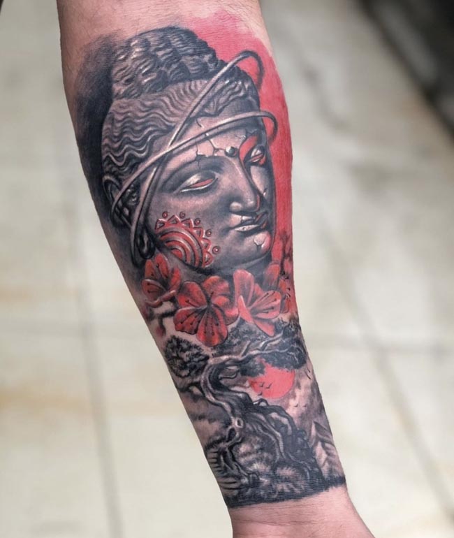 buddha head red flowers and bodhi tree tattoo design male half sleeve forearm