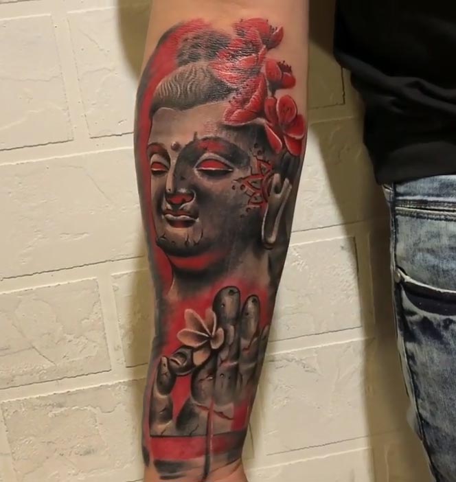 buddha head with flowers and abhay mudra below tattoo design male half sleeve forearm
