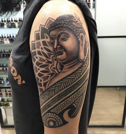 buddha mandala polynesian tattoo design half sleeve male