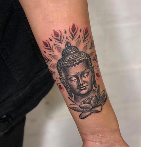 buddha portrait lotus mandala tattoo design female forearm