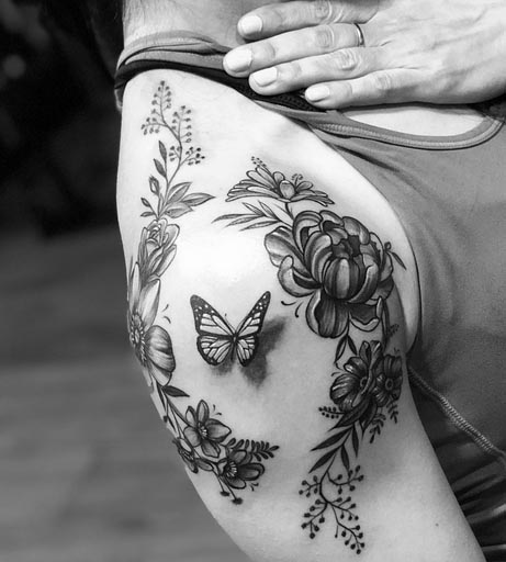 3d butterfly floral peony rose tattoo design female shoulder bicep