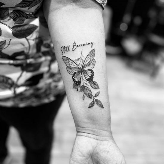 butterfly leaves quote still becoming tattoo female hand forearm
