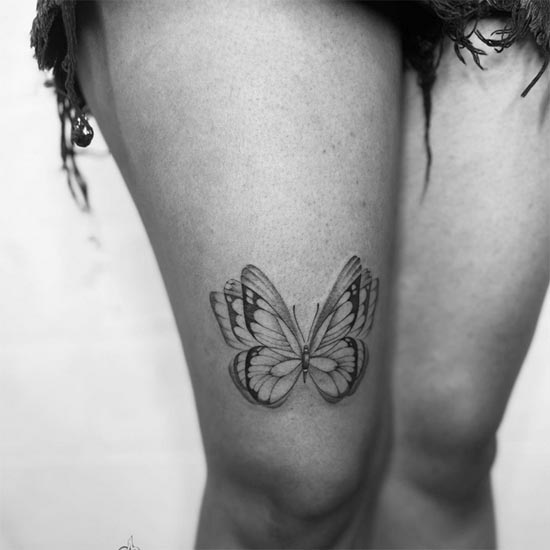 butterfly tattoo design black and grey female leg thigh