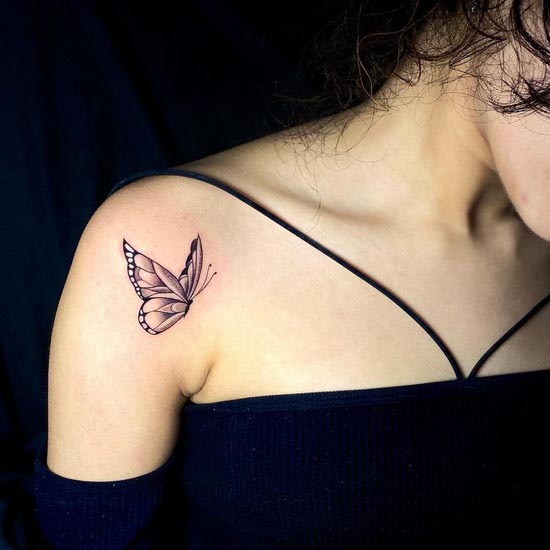 butterfly tattoo minimalist girl shoulder