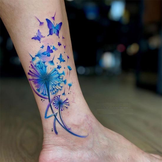 dandelion flower 4 butterflies tattoo blue color female leg ankle