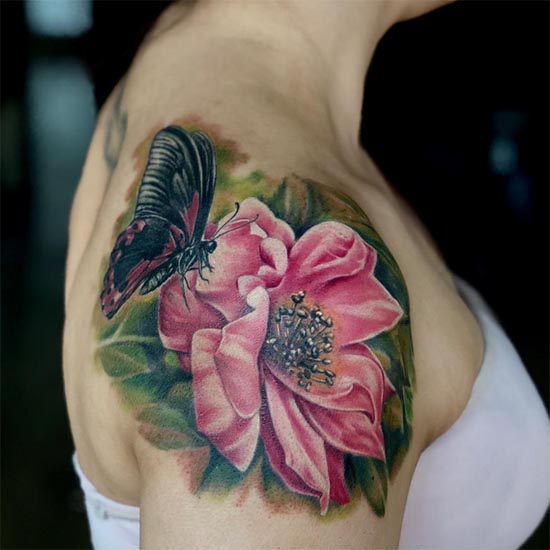 flower and butterfly tattoo realistic color female shoulder