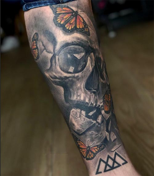 skull yellow butterflies tattoo design male leg