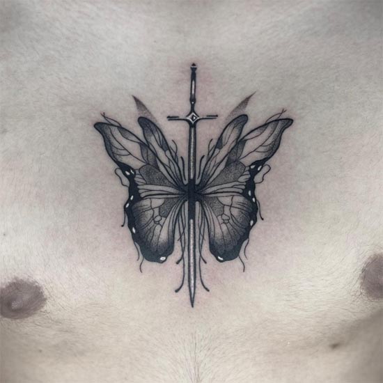 stipple tattoo butterfly and sword as main body tattoo