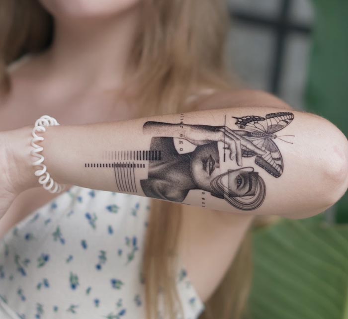 woman face butterfly tattoo design female outer forearm