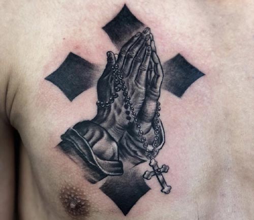 prayer with rosary and cross tattoo design
