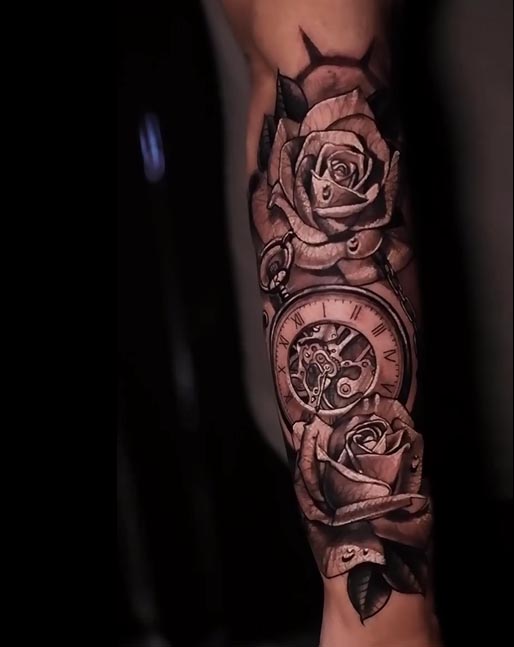 2 roses pocket watch clock tattoo black and grey realistic male forearm