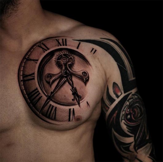 clock hands gears mechanical timepiece tattoo male chest