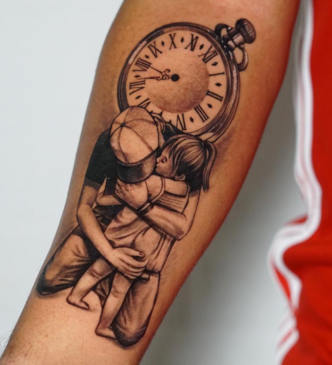 father and daughter pocket watch clock family memorial tattoo male forearm