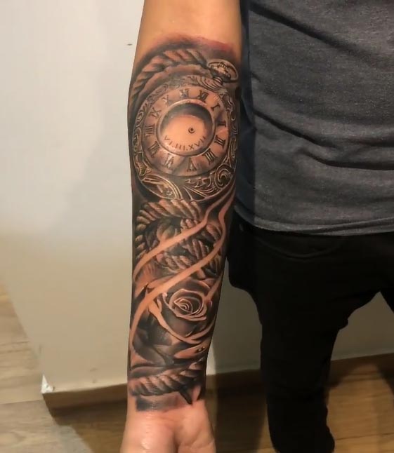 pocket-watch-clock-roman-numerals-rose-nautical-rope-ornamental-scrollwork-leaves-floral-tattoo-design-male-half-sleeve