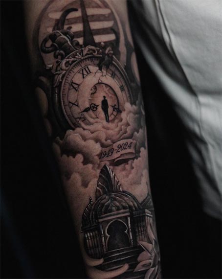 pocket-watch-clock-silhouette-of-man-clouds-memorial-banner-years-1949–2024-temple-dome-architecture-tattoo-male-forearm