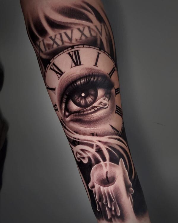 roman-numeral-clock-realistic-eye-melting-candle-smoke-swirling-shadows-tattoo-male-forearm