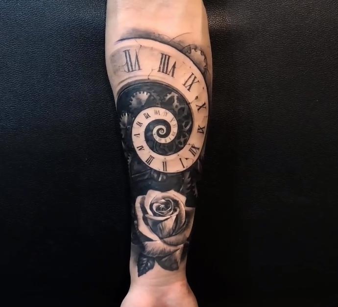 spiral clock rose gears clockwork floral tattoo design male forearm