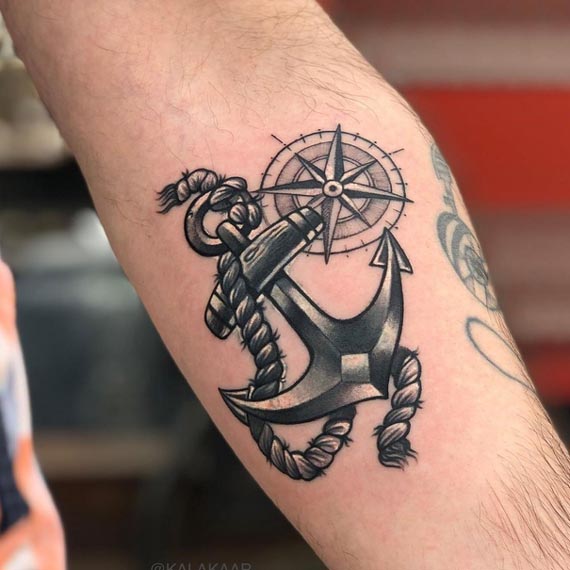 anchor compass rose nautical braided rope tattoo design male inner forearm