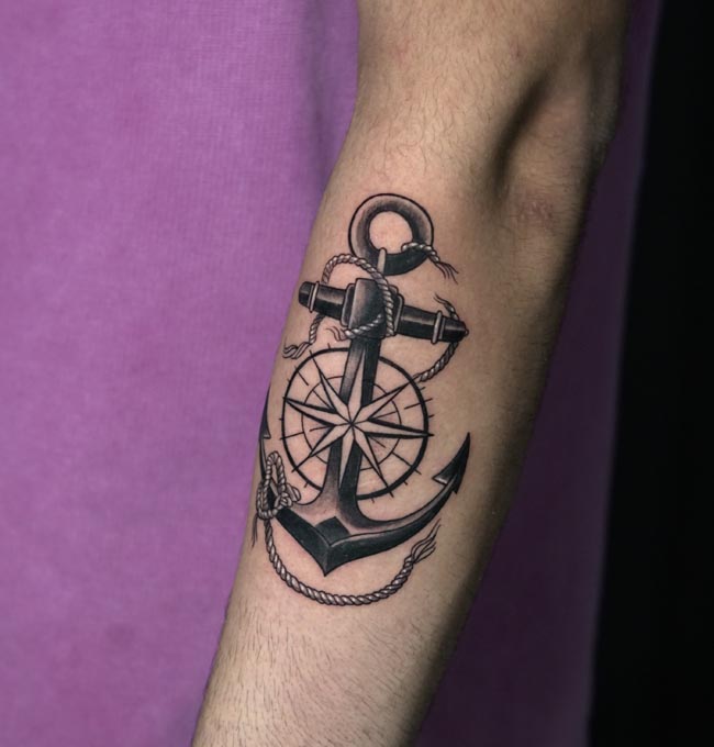 anchor compass rose nautical rope tattoo design male forearm