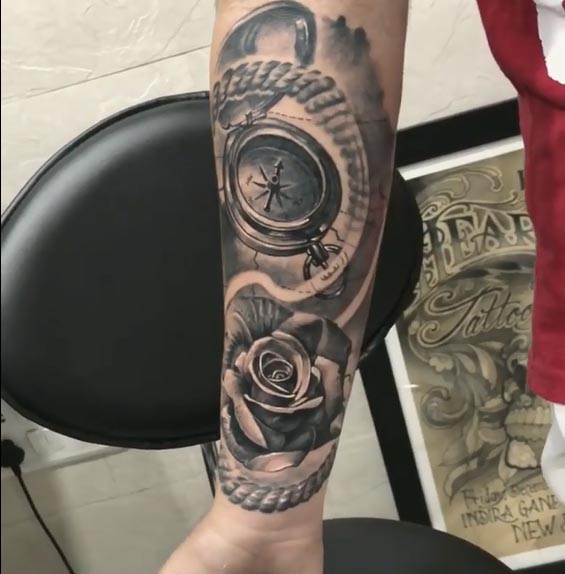 compass-nautical-rope-rose-flower-circular-navigation-tattoo-design-male-inner-forearm